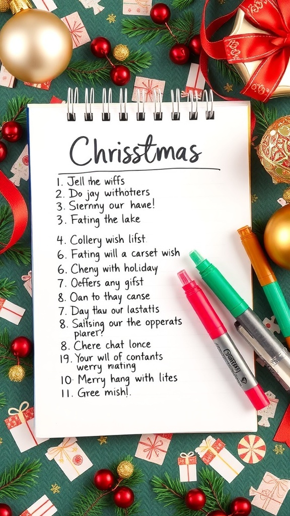 Christmas Wishlist Writing Guide A Christmas wishlist on a notepad with festive decorations.